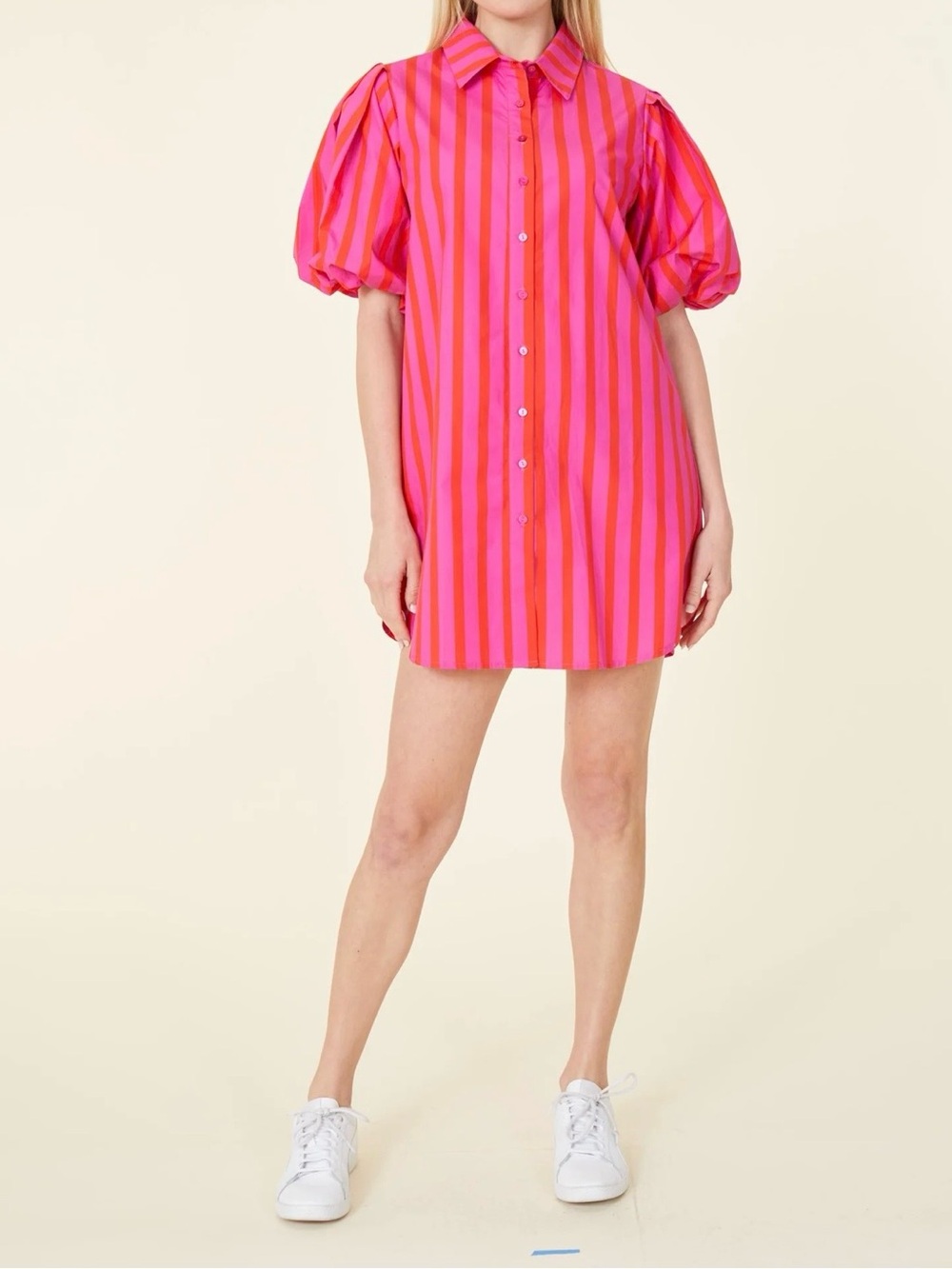 Dolce Cabo Pink and Red Striped Puff-Sleeve Mini Dress